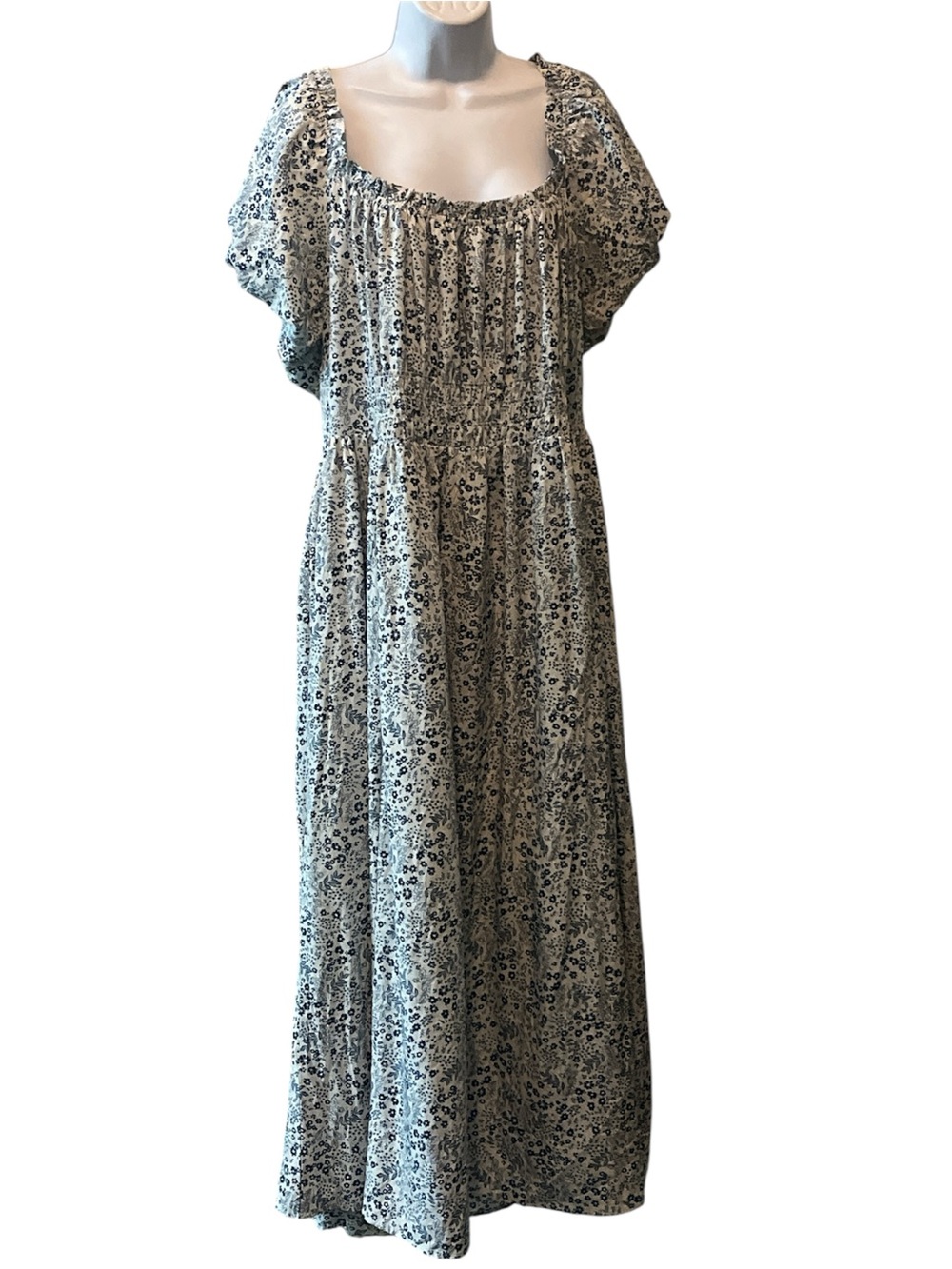 Smocked Square-Neck Maxi Dress in Cream with blue Floral Print